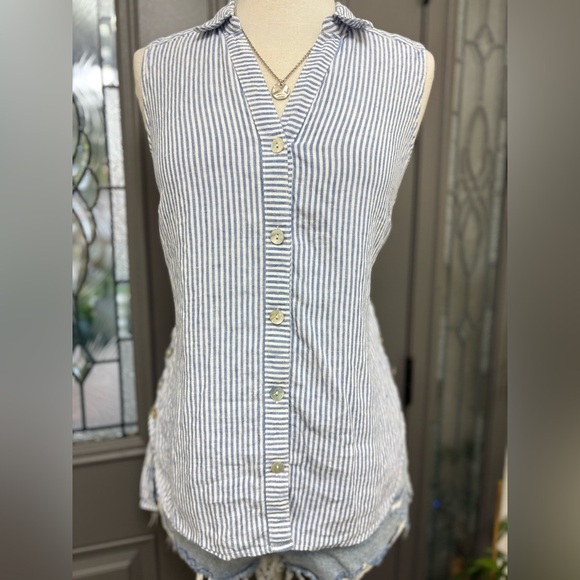 J. Jill Blue and White Striped Linen Sleeveless Button Front Tunic Size Medium - Picture 3 of 9